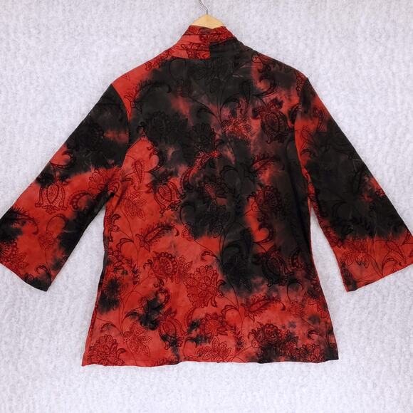 Kimono Top Womens XL Red Black Floral Paisley Velvet Burnout Boho Elegant Work - Picture 3 of 8